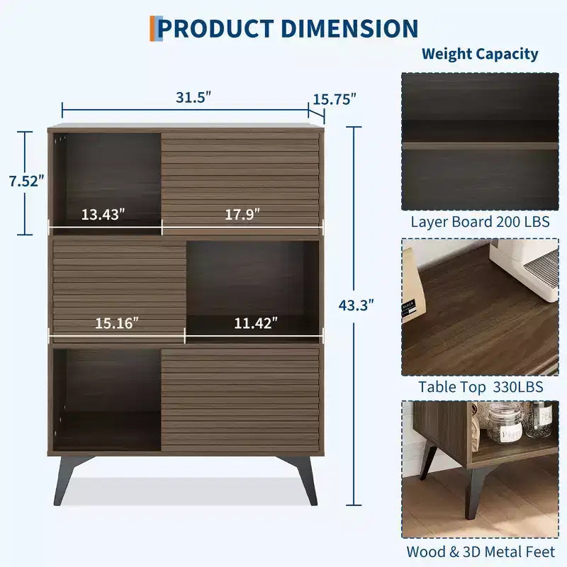 Mobiletto espositore a 3 livelli Mid-Century Modern con ante, credenza in legno, mobiletto d'accento con gambe robuste per soggiorno, sala da pranzo, cucina, corridoio