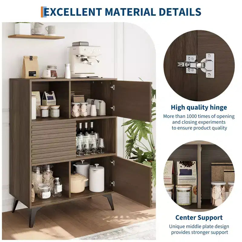 Mobiletto espositore a 3 livelli Mid-Century Modern con ante, credenza in legno, mobiletto d'accento con gambe robuste per soggiorno, sala da pranzo, cucina, corridoio