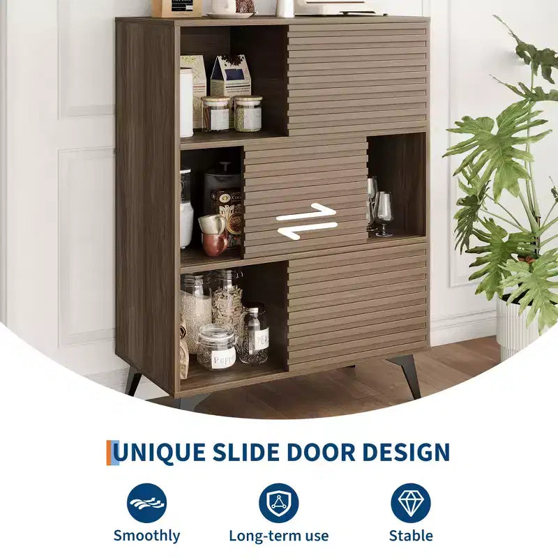 Mobiletto espositore a 3 livelli Mid-Century Modern con ante, credenza in legno, mobiletto d'accento con gambe robuste per soggiorno, sala da pranzo, cucina, corridoio
