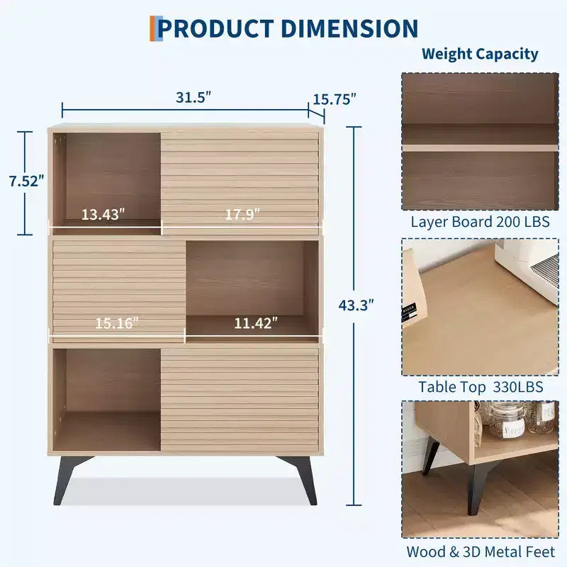 Mobiletto espositore a 3 livelli Mid-Century Modern con ante, credenza in legno, mobiletto d'accento con gambe robuste per soggiorno, sala da pranzo, cucina, corridoio