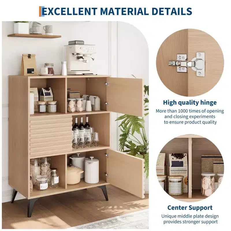 Mobiletto espositore a 3 livelli Mid-Century Modern con ante, credenza in legno, mobiletto d'accento con gambe robuste per soggiorno, sala da pranzo, cucina, corridoio