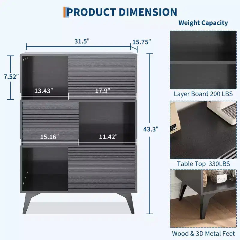 Mobiletto espositore a 3 livelli Mid-Century Modern con ante, credenza in legno, mobiletto d'accento con gambe robuste per soggiorno, sala da pranzo, cucina, corridoio