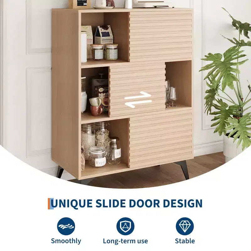 Mobiletto espositore a 3 livelli Mid-Century Modern con ante, credenza in legno, mobiletto d'accento con gambe robuste per soggiorno, sala da pranzo, cucina, corridoio