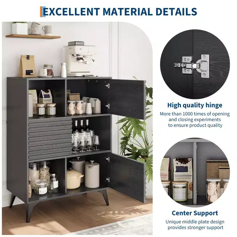 Mobiletto espositore a 3 livelli Mid-Century Modern con ante, credenza in legno, mobiletto d'accento con gambe robuste per soggiorno, sala da pranzo, cucina, corridoio