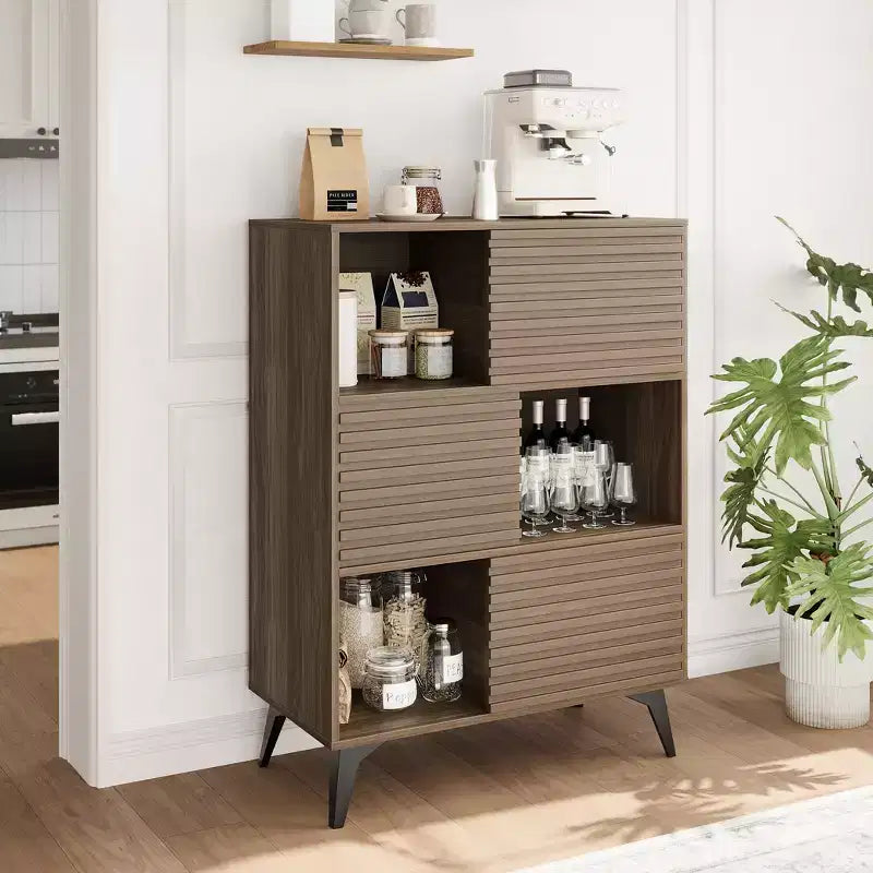 Mobiletto espositore a 3 livelli Mid-Century Modern con ante, credenza in legno, mobiletto d'accento con gambe robuste per soggiorno, sala da pranzo, cucina, corridoio