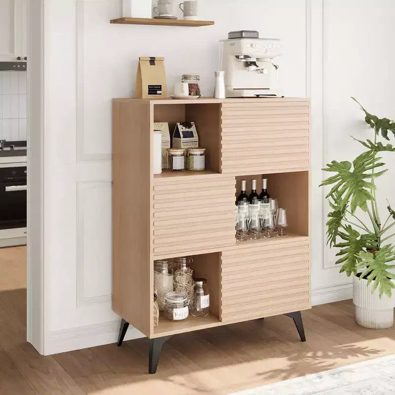 Mobiletto espositore a 3 livelli Mid-Century Modern con ante, credenza in legno, mobiletto d'accento con gambe robuste per soggiorno, sala da pranzo, cucina, corridoio
