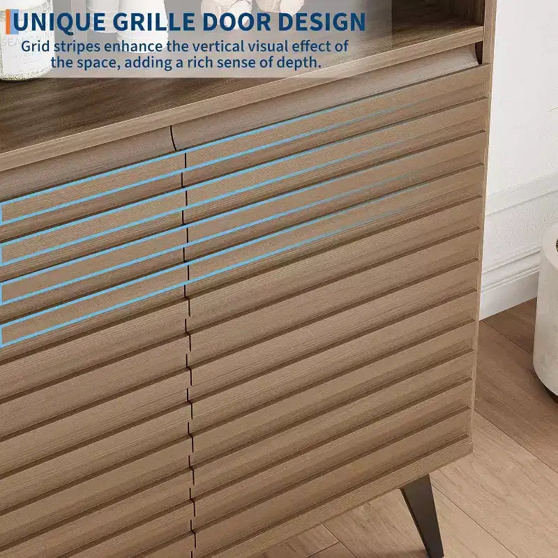 Credenza a buffet Mid Century Modern con ante a coste e gambe in metallo, elegante madia per soggiorno con ampio spazio di archiviazione