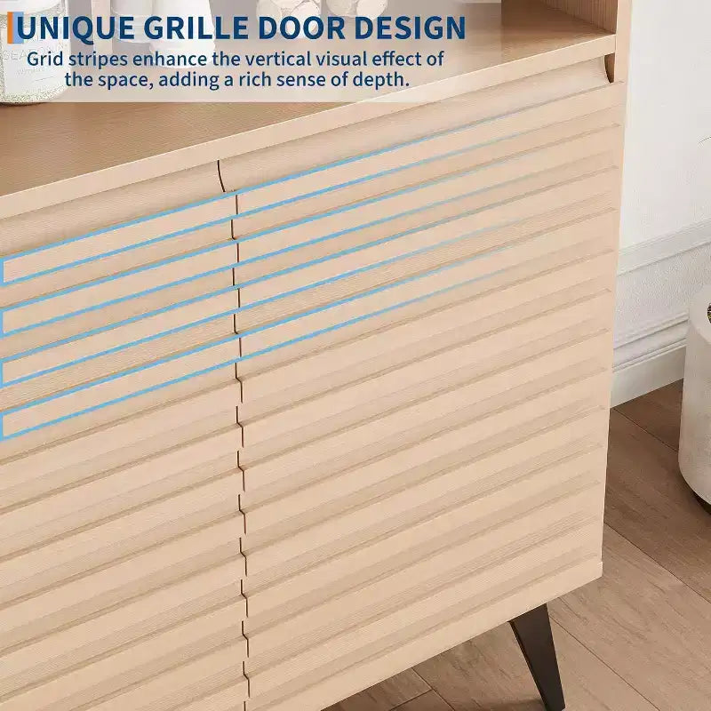 Credenza a buffet Mid Century Modern con ante a coste e gambe in metallo, elegante madia per soggiorno con ampio spazio di archiviazione