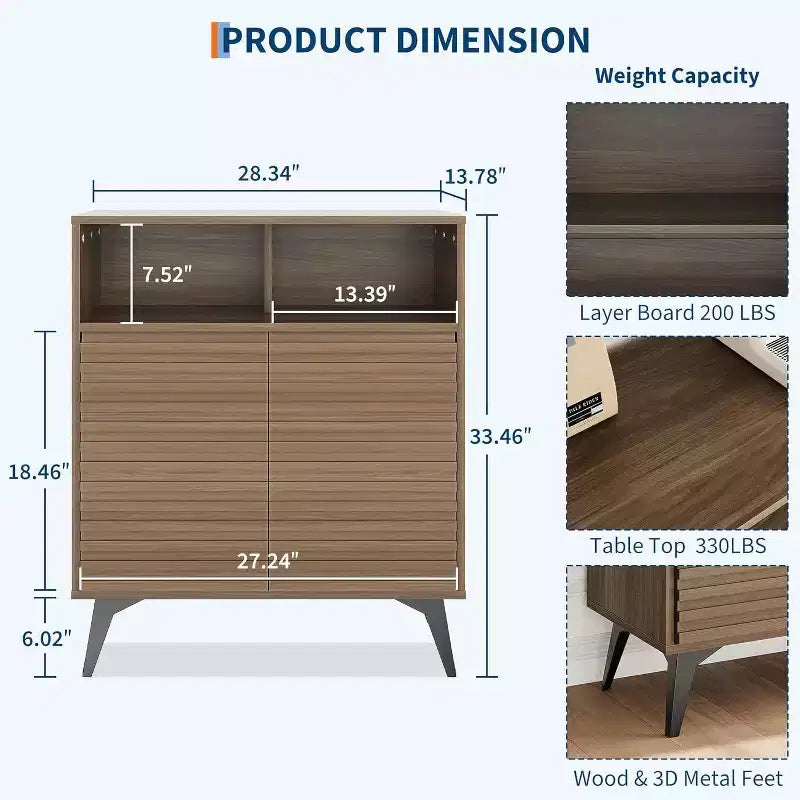 Credenza a buffet Mid Century Modern con ante a coste e gambe in metallo, elegante madia per soggiorno con ampio spazio di archiviazione