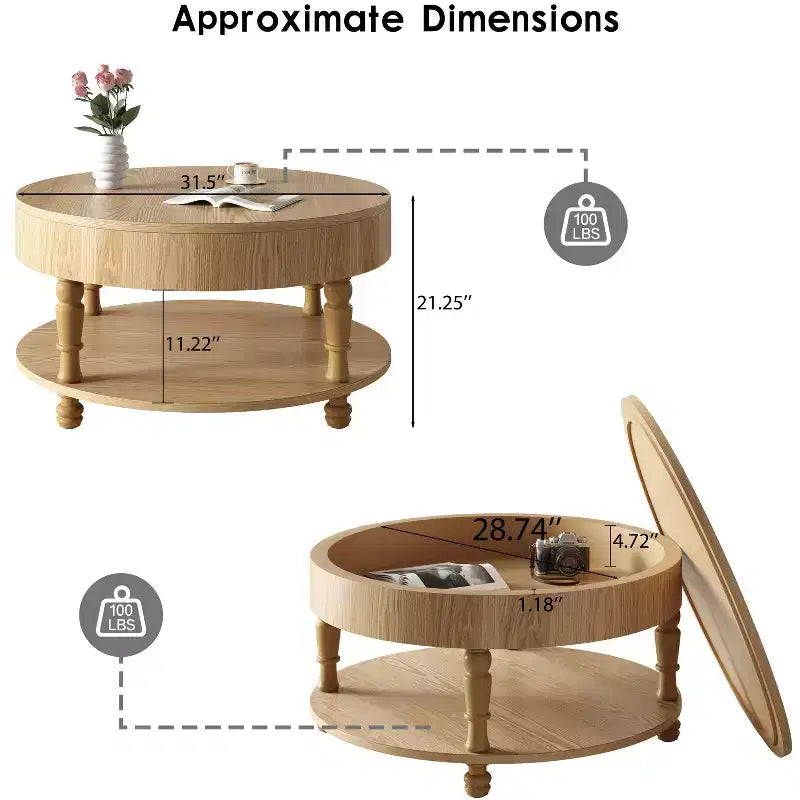 Tavolino rotondo da caffè Navia Modern Wooden 31 con contenitore e ripiano