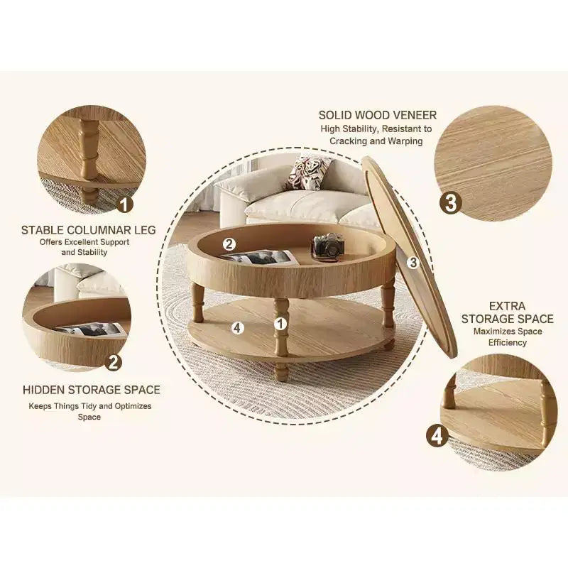 Tavolino rotondo da caffè Navia Modern Wooden 31 con contenitore e ripiano