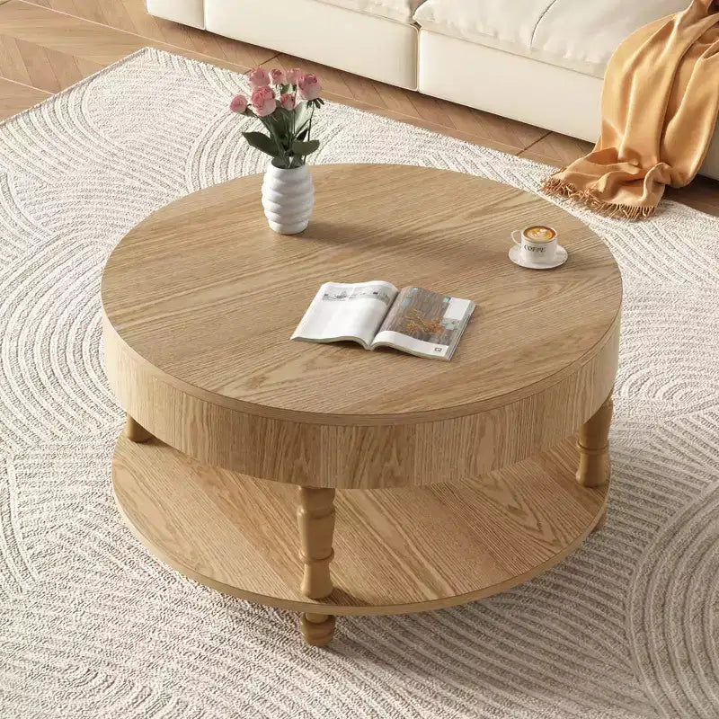 Tavolino rotondo da caffè Navia Modern Wooden 31 con contenitore e ripiano