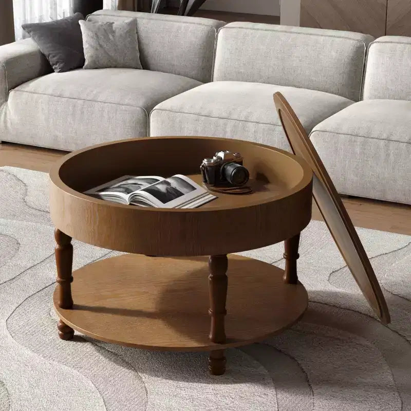 Tavolino rotondo da caffè Navia Modern Wooden 31 con contenitore e ripiano