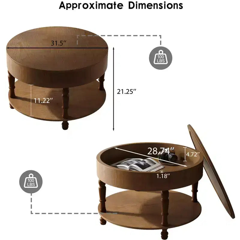 Tavolino rotondo da caffè Navia Modern Wooden 31 con contenitore e ripiano
