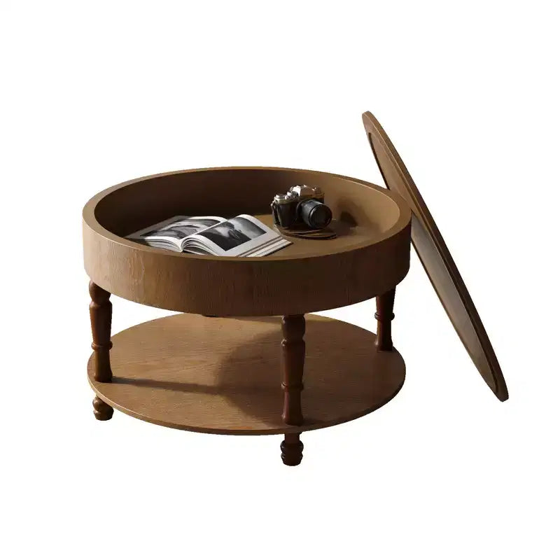 Tavolino rotondo da caffè Navia Modern Wooden 31 con contenitore e ripiano