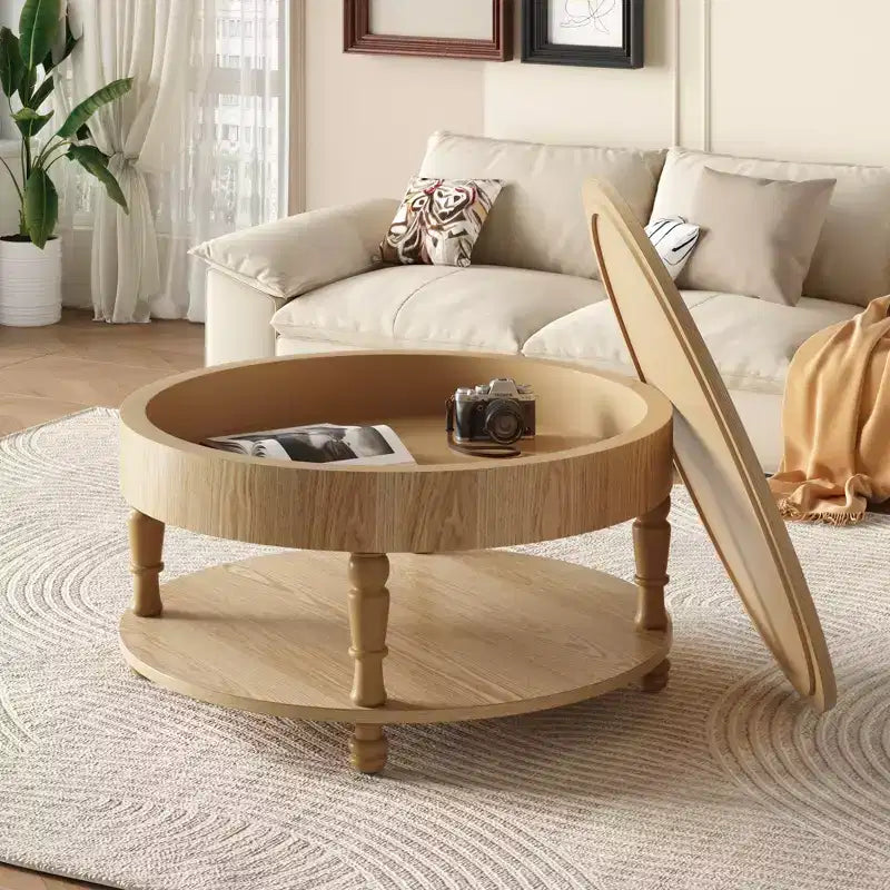 Tavolino rotondo da caffè Navia Modern Wooden 31 con contenitore e ripiano