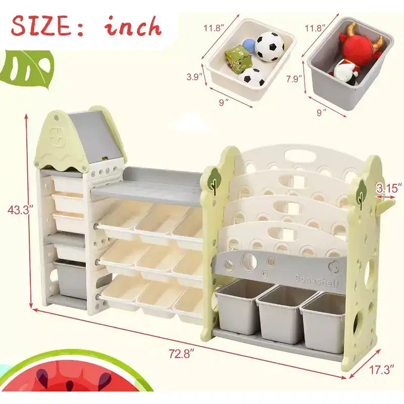 Organizzatore portagiochi per bambini con 17 contenitori, libreria a 5 livelli, cassetti estraibili, portaoggetti per sala giochi e camera da letto, design ad albero