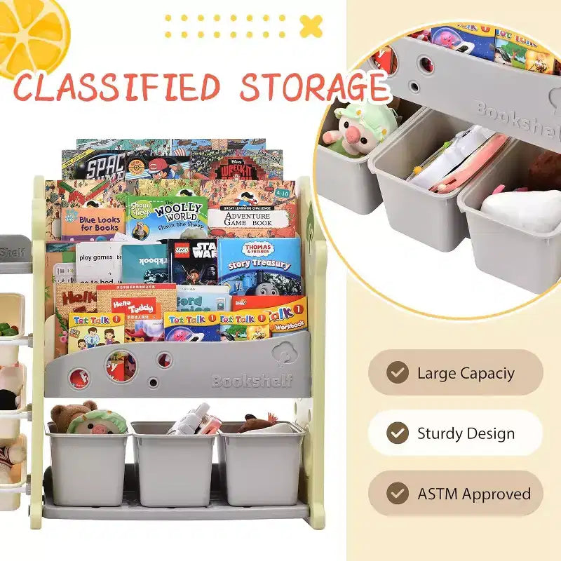 Organizzatore portagiochi per bambini con 17 contenitori, libreria a 5 livelli, cassetti estraibili, portaoggetti per sala giochi e camera da letto, design ad albero