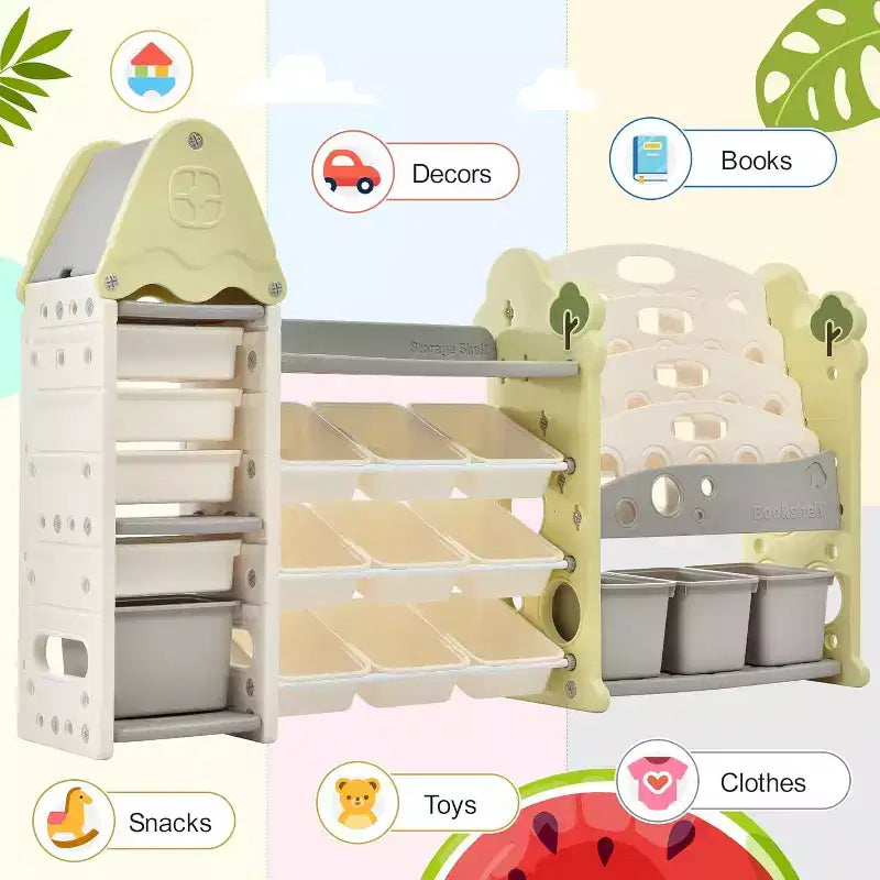 Organizzatore portagiochi per bambini con 17 contenitori, libreria a 5 livelli, cassetti estraibili, portaoggetti per sala giochi e camera da letto, design ad albero