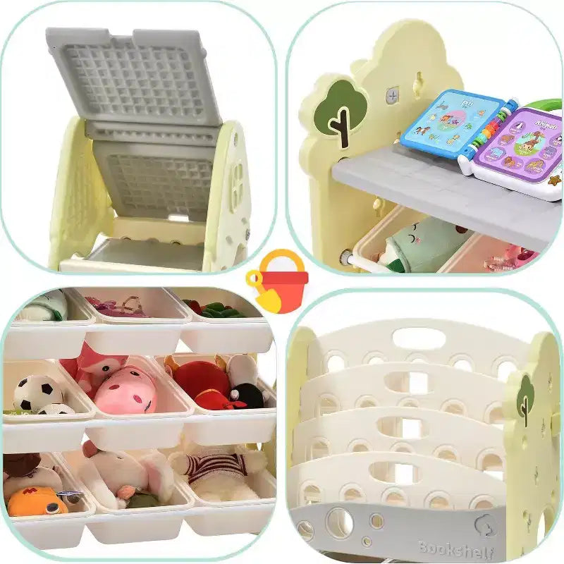 Organizzatore portagiochi per bambini con 17 contenitori, libreria a 5 livelli, cassetti estraibili, portaoggetti per sala giochi e camera da letto, design ad albero