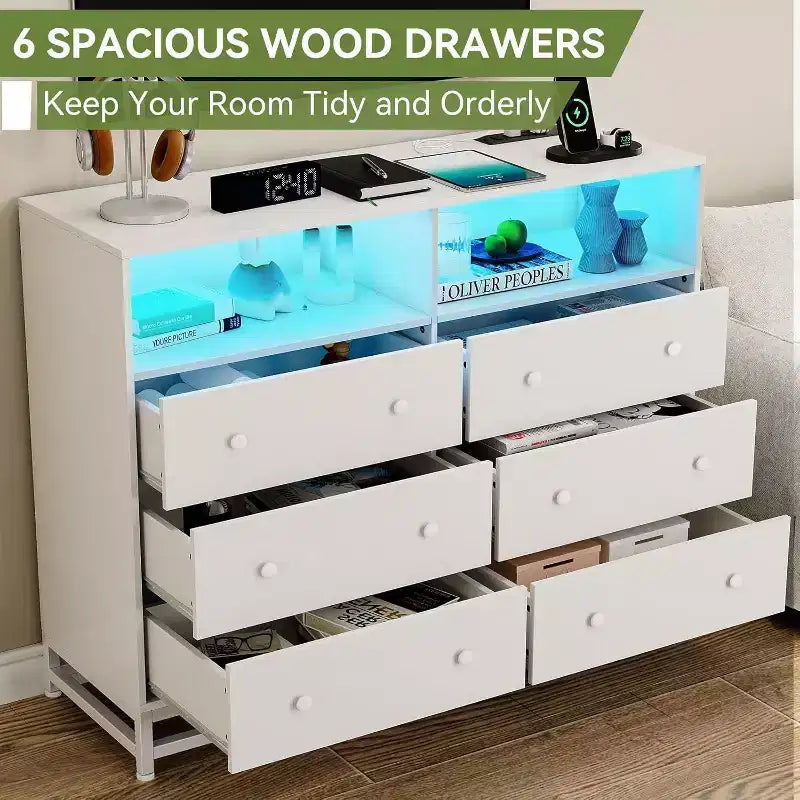 Comò a 6 cassetti con prese di corrente, cassettiera moderna con recinzione portaoggetti e gambe in metallo, porta TV per camera da letto, soggiorno, ingresso
