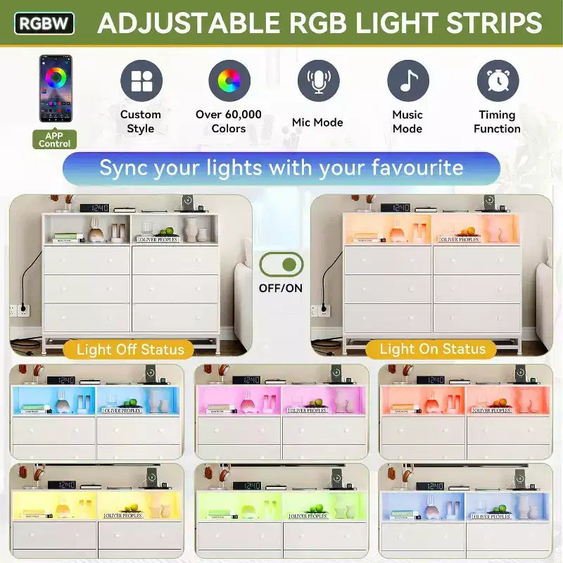 Comò a 6 cassetti con prese di corrente, cassettiera moderna con recinzione portaoggetti e gambe in metallo, porta TV per camera da letto, soggiorno, ingresso