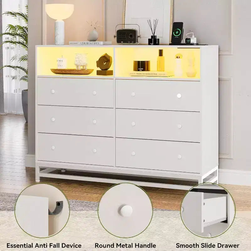Comò a 6 cassetti con prese di corrente, cassettiera moderna con recinzione portaoggetti e gambe in metallo, porta TV per camera da letto, soggiorno, ingresso