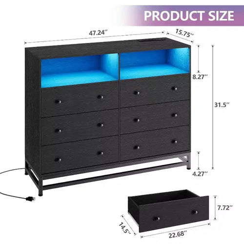 Comò a 6 cassetti con prese di corrente, cassettiera moderna con recinzione portaoggetti e gambe in metallo, porta TV per camera da letto, soggiorno, ingresso