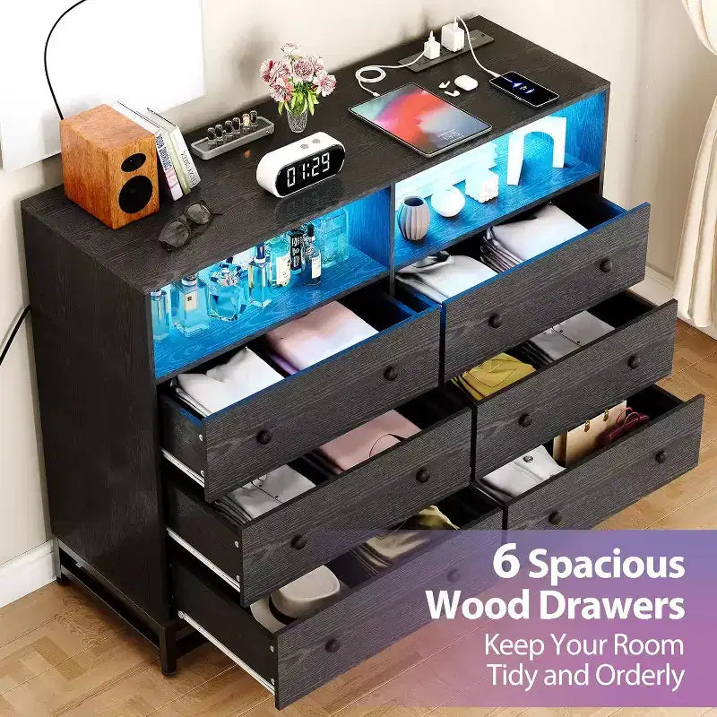Comò a 6 cassetti con prese di corrente, cassettiera moderna con recinzione portaoggetti e gambe in metallo, porta TV per camera da letto, soggiorno, ingresso