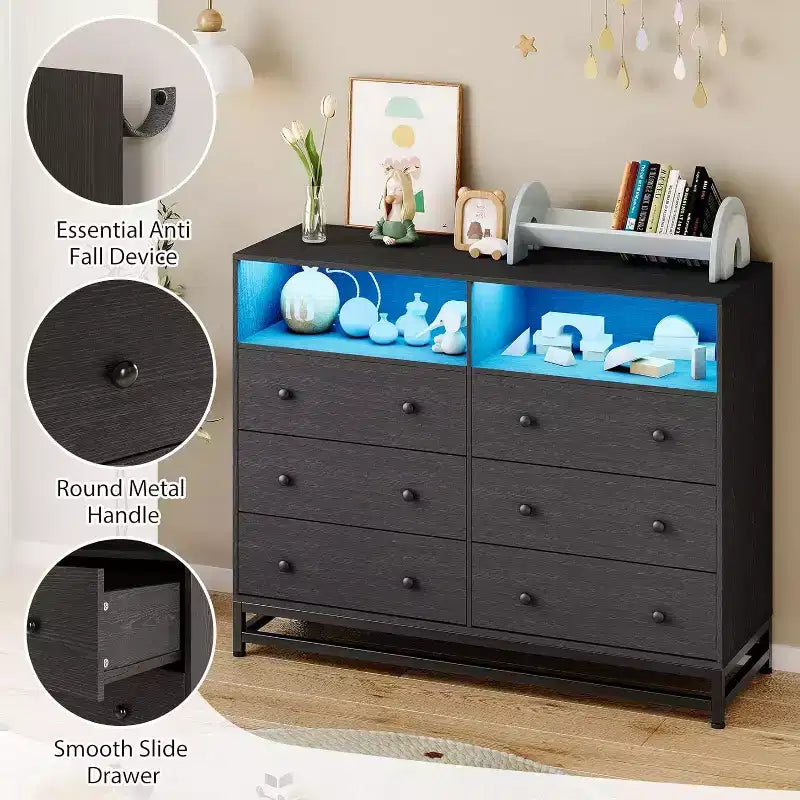 Comò a 6 cassetti con prese di corrente, cassettiera moderna con recinzione portaoggetti e gambe in metallo, porta TV per camera da letto, soggiorno, ingresso