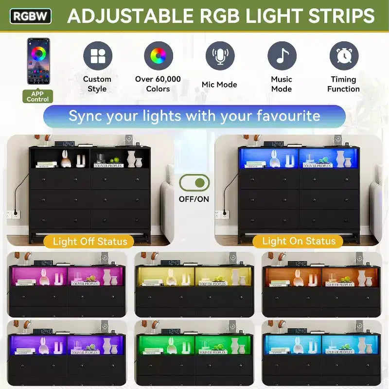 Comò a 6 cassetti con prese di corrente, cassettiera moderna con recinzione portaoggetti e gambe in metallo, porta TV per camera da letto, soggiorno, ingresso