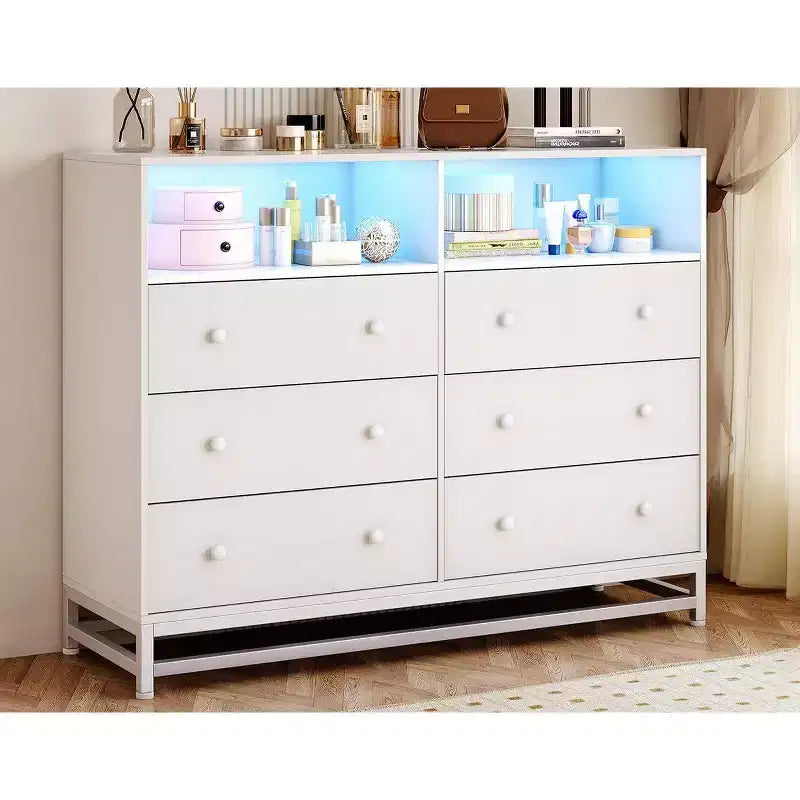 Comò a 6 cassetti con prese di corrente, cassettiera moderna con recinzione portaoggetti e gambe in metallo, porta TV per camera da letto, soggiorno, ingresso