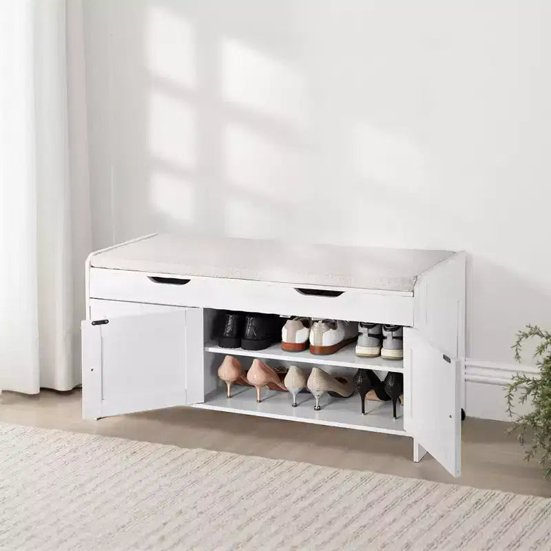 Panca scarpiera, panca da ingresso da 105 x 35 x 50 cm con contenitore a sollevamento e cuscino seduta, scarpiera da 113 kg con 3 armadietti, bianco