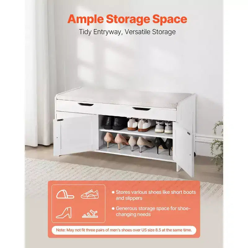 Panca scarpiera, panca da ingresso da 105 x 35 x 50 cm con contenitore a sollevamento e cuscino seduta, scarpiera da 113 kg con 3 armadietti, bianco