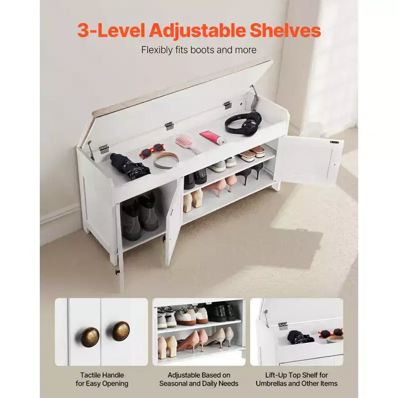 Panca scarpiera, panca da ingresso da 105 x 35 x 50 cm con contenitore a sollevamento e cuscino seduta, scarpiera da 113 kg con 3 armadietti, bianco