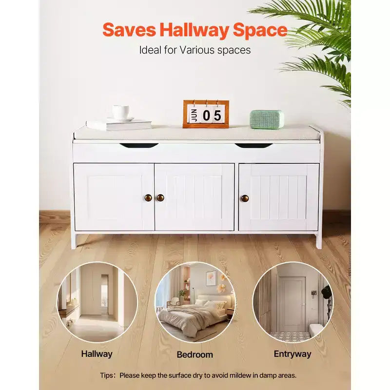 Panca scarpiera, panca da ingresso da 105 x 35 x 50 cm con contenitore a sollevamento e cuscino seduta, scarpiera da 113 kg con 3 armadietti, bianco