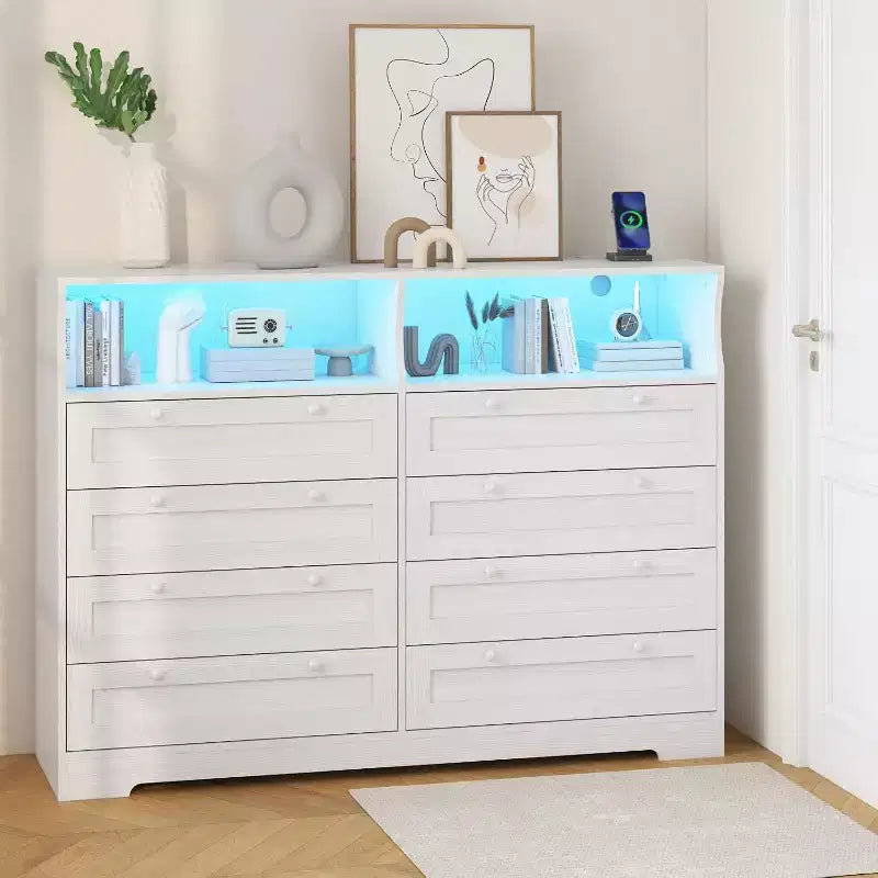 Cassettiera a 8 cassetti in legno con prese di corrente, mobile TV ampio con contenitore e organizer per camera da letto, soggiorno, corridoio