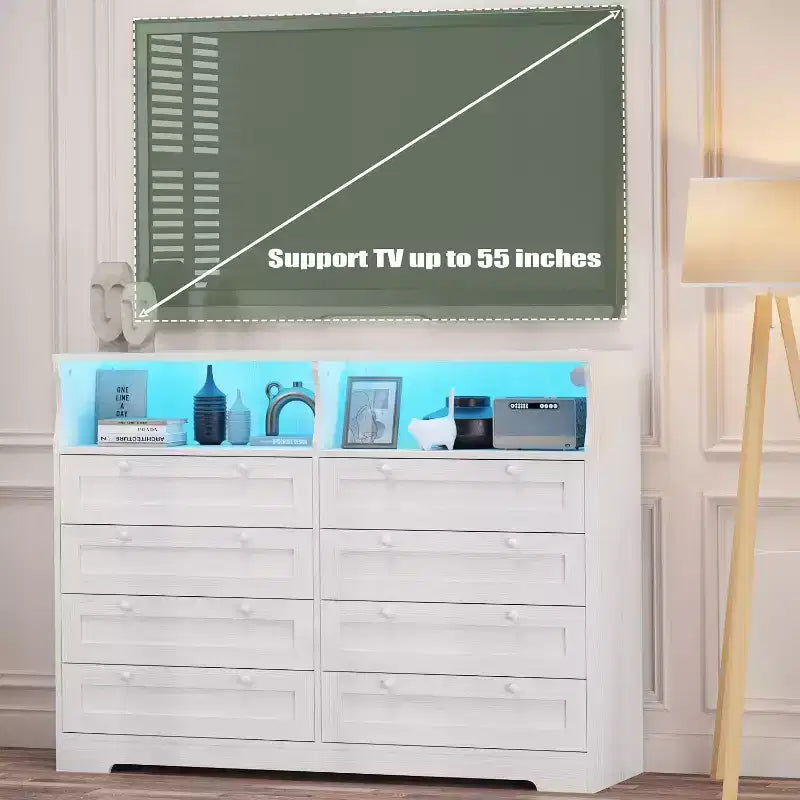 Cassettiera a 8 cassetti in legno con prese di corrente, mobile TV ampio con contenitore e organizer per camera da letto, soggiorno, corridoio