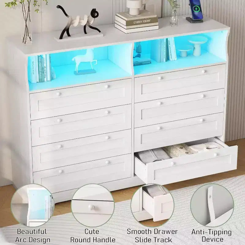 Cassettiera a 8 cassetti in legno con prese di corrente, mobile TV ampio con contenitore e organizer per camera da letto, soggiorno, corridoio