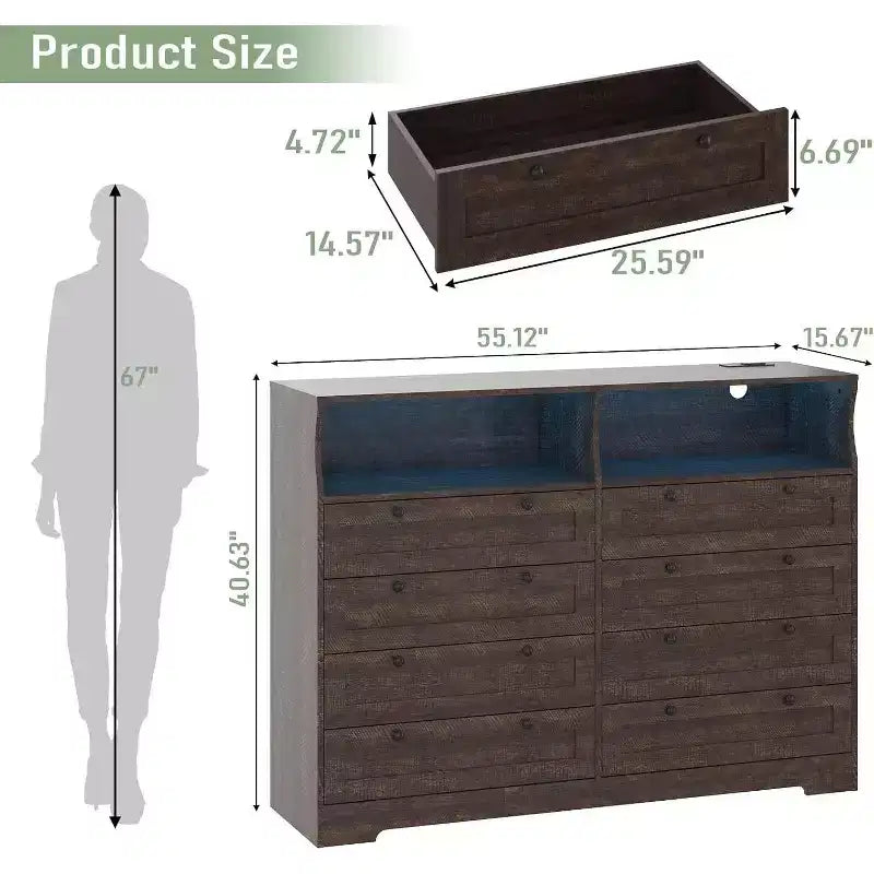 Cassettiera a 8 cassetti in legno con prese di corrente, mobile TV ampio con contenitore e organizer per camera da letto, soggiorno, corridoio