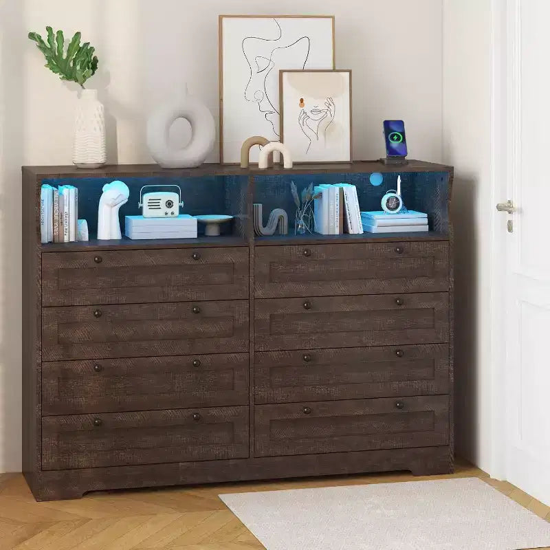 Cassettiera a 8 cassetti in legno con prese di corrente, mobile TV ampio con contenitore e organizer per camera da letto, soggiorno, corridoio