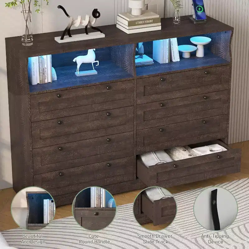 Cassettiera a 8 cassetti in legno con prese di corrente, mobile TV ampio con contenitore e organizer per camera da letto, soggiorno, corridoio
