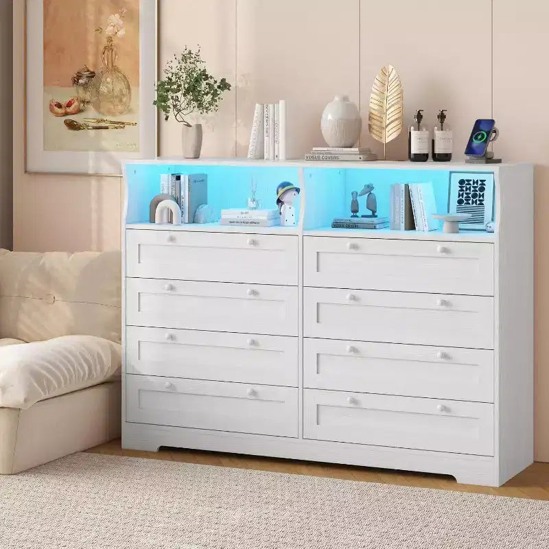 Cassettiera a 8 cassetti in legno con prese di corrente, mobile TV ampio con contenitore e organizer per camera da letto, soggiorno, corridoio