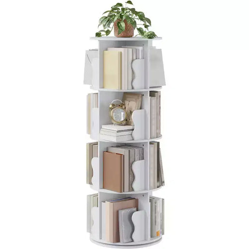 4 Tier Rotating Bookshelf, Wood Spinning Bookshelf Tower, 360 Revolving Corner Bookshelves for Small Spaces, Floor Standing Bookcase for Home Office