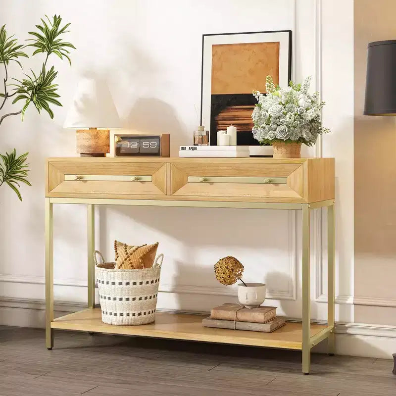 Tavolino Consolle con Due Cassetti, Design Geometrico Retrò, per Soggiorno, Naturale