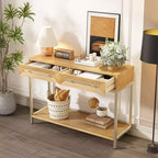 Tavolino Consolle con Due Cassetti, Design Geometrico Retrò, per Soggiorno, Naturale