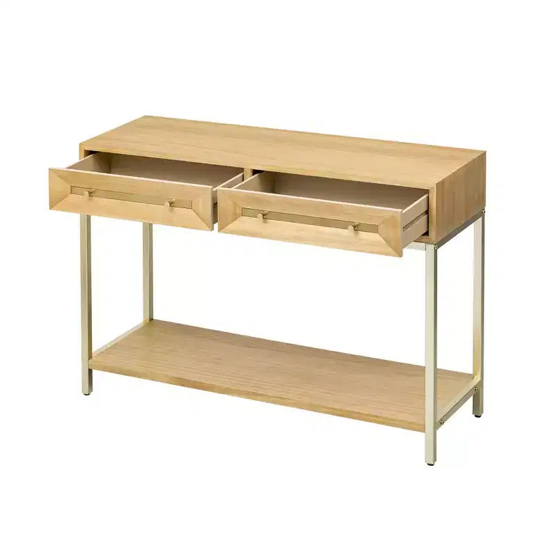 Tavolino Consolle con Due Cassetti, Design Geometrico Retrò, per Soggiorno, Naturale