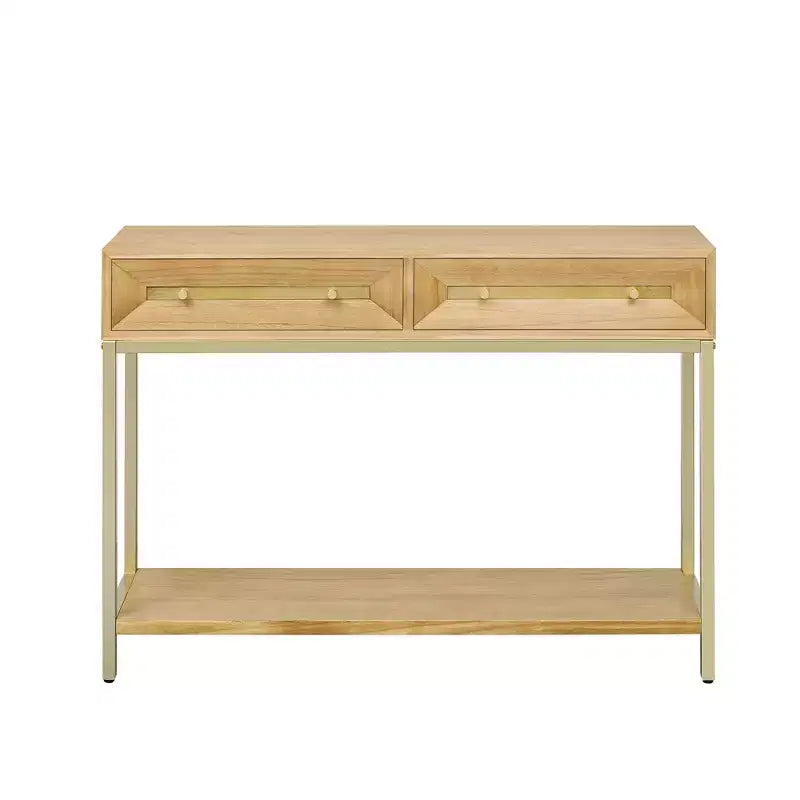 Tavolino Consolle con Due Cassetti, Design Geometrico Retrò, per Soggiorno, Naturale