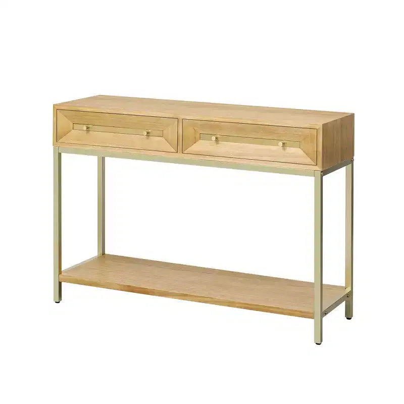 Tavolino Consolle con Due Cassetti, Design Geometrico Retrò, per Soggiorno, Naturale