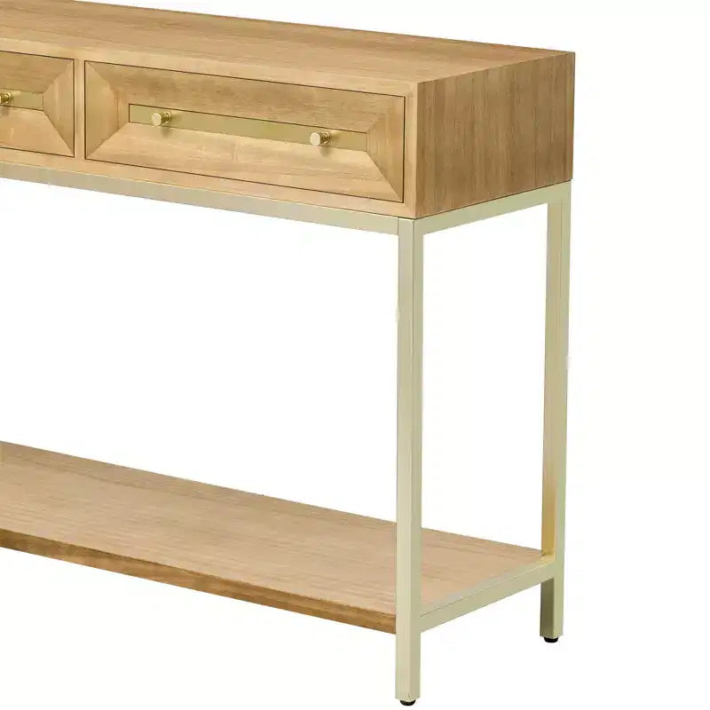 Tavolino Consolle con Due Cassetti, Design Geometrico Retrò, per Soggiorno, Naturale